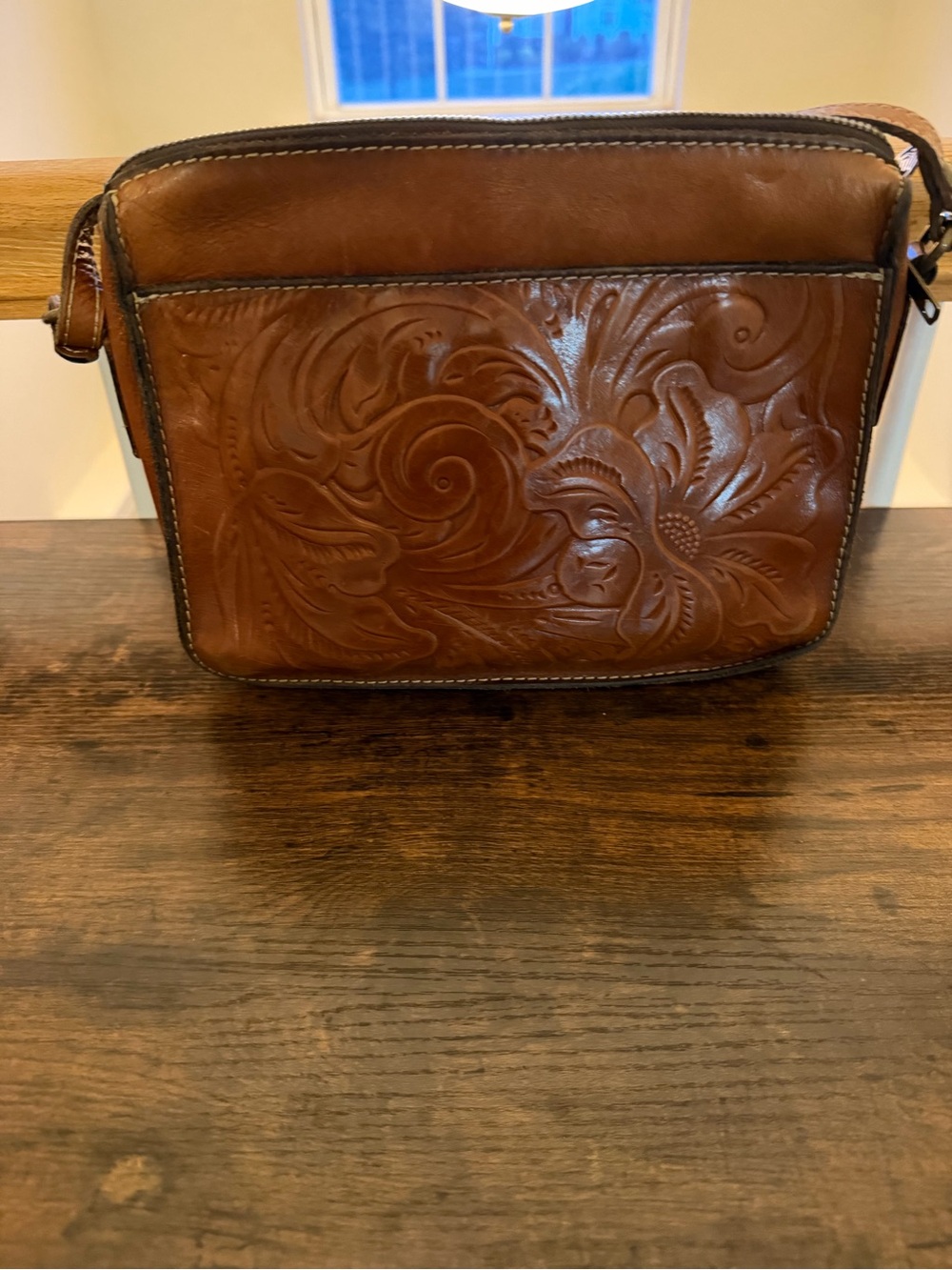 Patricia Nash Brown Tooled Floral Leather Crossbody Bag